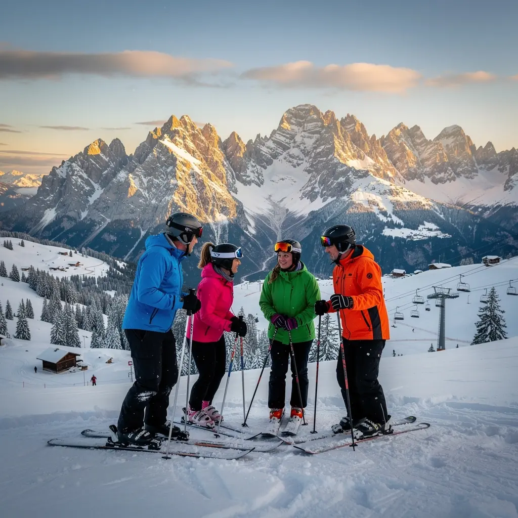 Skifahrer, die auf einer sonnigen Terrasse eines Berghotels entspannen.